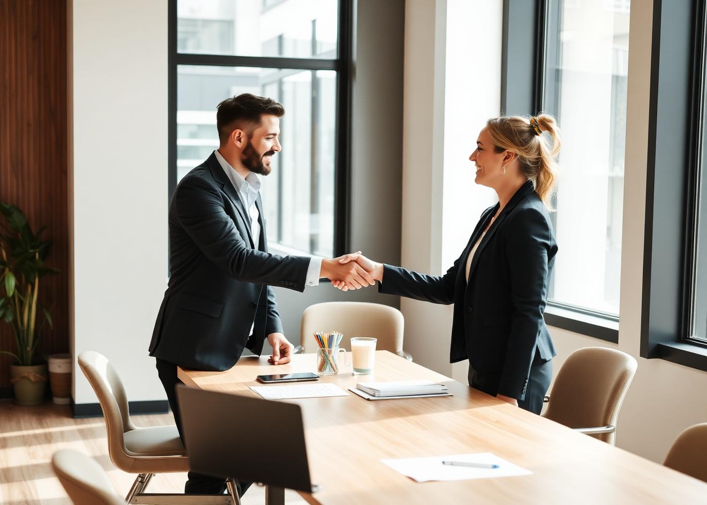 Business owner shaking hands with a newly placed operations leader