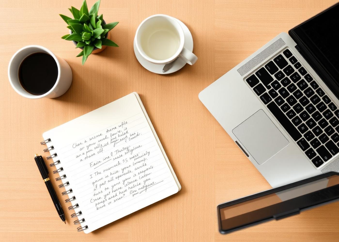 Strategic planning workspace with roadmap notes, KPI worksheets and a laptop